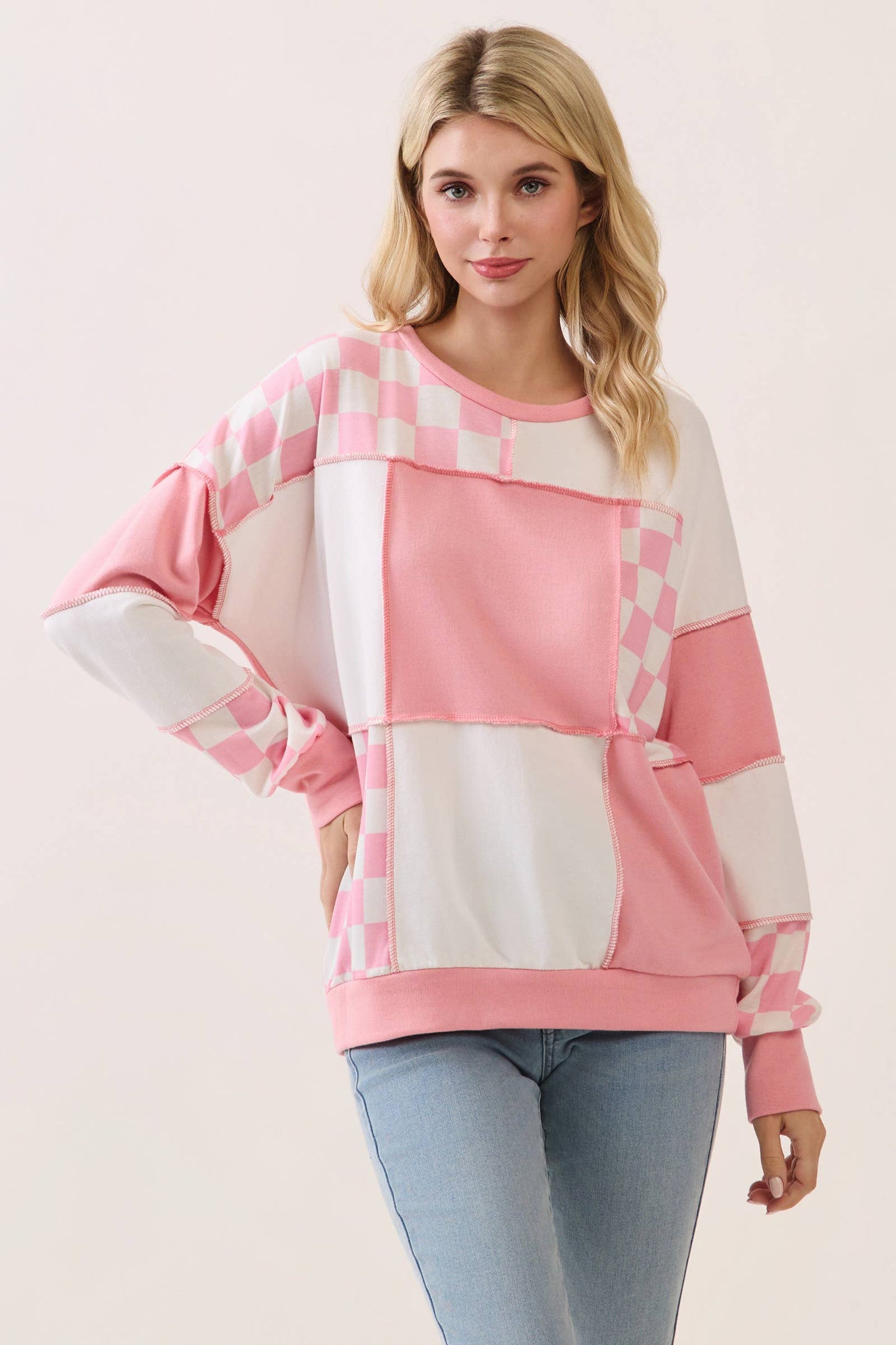 Checkered Print Patchwork pullover top