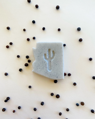 Arizona-shaped soap with a cactus design on a white background with black seeds.
