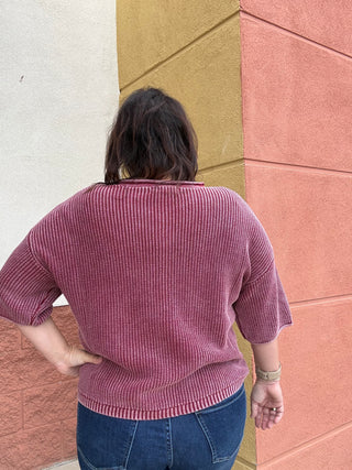 Ribbed Short Sleeve Burgundy Cardigan