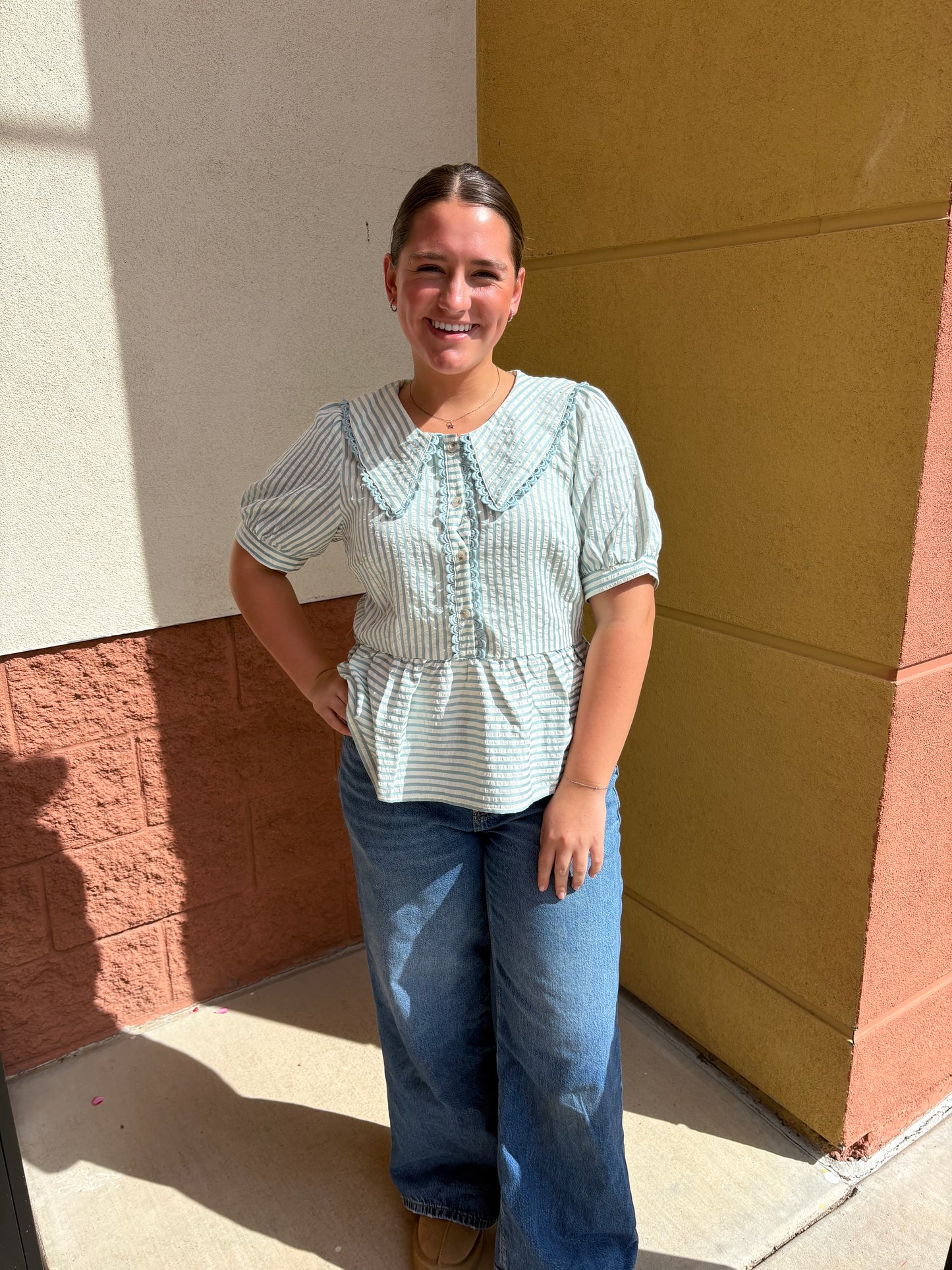Striped Collared Top W/ Contrast Trim