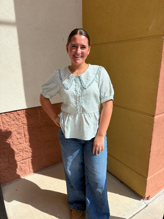 Striped Collared Top W/ Contrast Trim