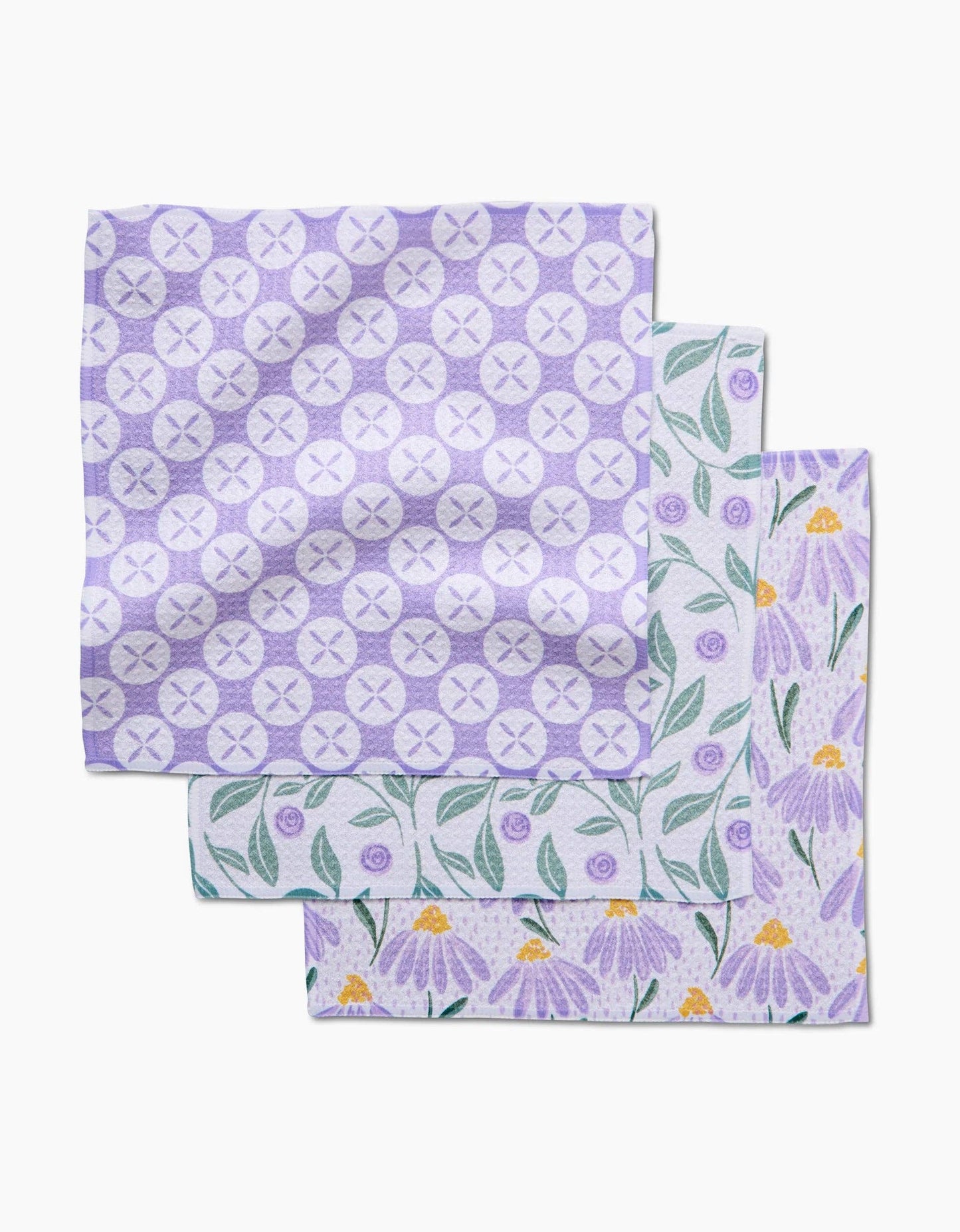 Lavender printed flowers and buttons dishcloth set of 3 