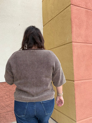 Ribbed Short Sleeve Dark Brown Cardigan