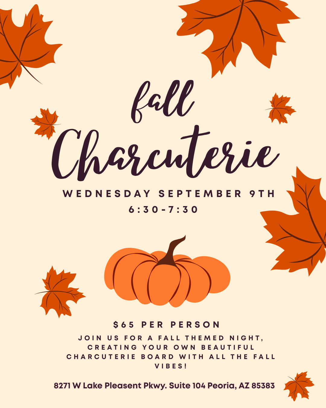 A fall-themed event flyer for 'Charcuterie' on Wednesday September 9th from 6:30-7:30. The flyer features a cream background decorated with orange autumn leaves and a central orange pumpkin illustration.