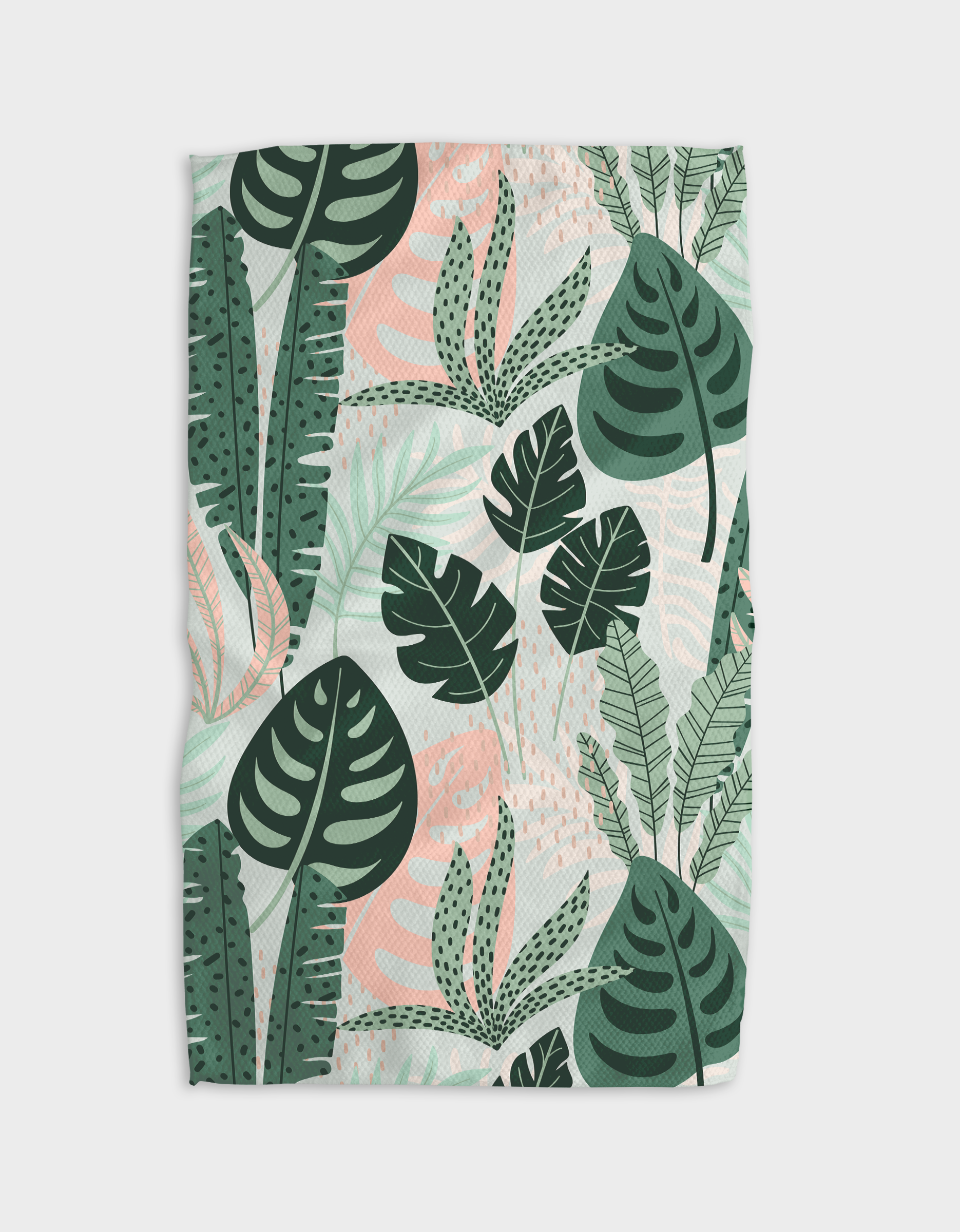 Tropical leaf green and pink Tea Towel