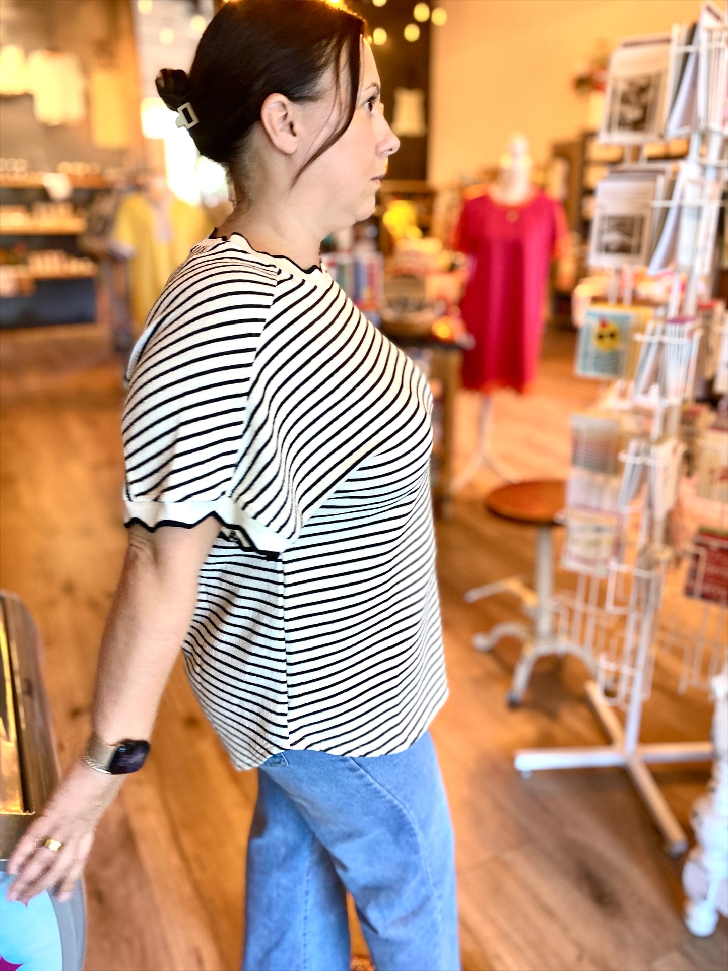 White Stripe Scallop Knit Top