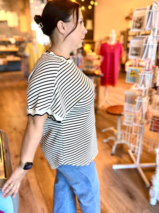 White Stripe Scallop Knit Top