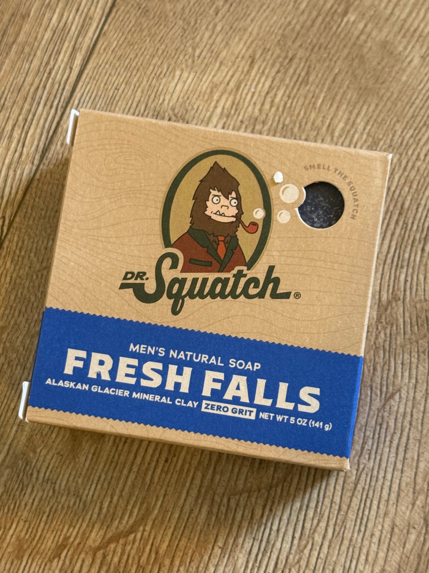 Box of Dr. Squatch Fresh Falls soap on a wooden surface
