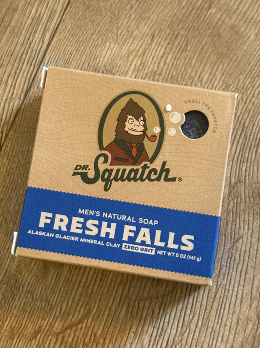 Box of Dr. Squatch Fresh Falls soap on a wooden surface