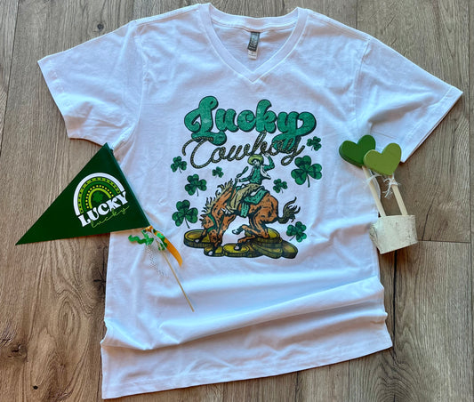 Lucky Cowboy Graphic Tee, Cowboy with gold coins and shamrocks