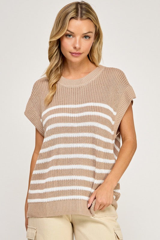 Tan and white short sleeve striped sweater