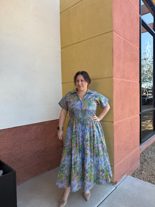 Blue Floral Garden Midi Dress