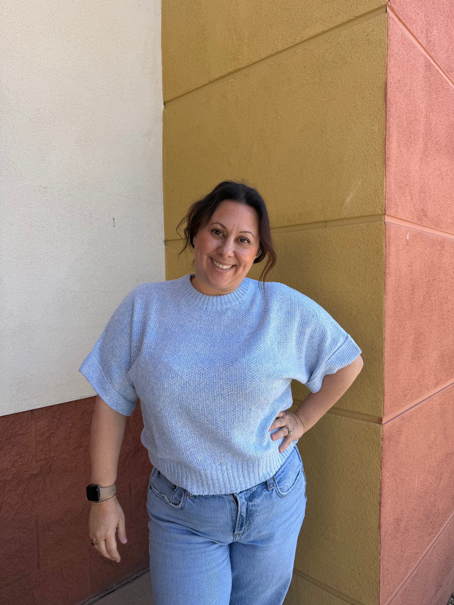 Light blue short sleeve sweater top