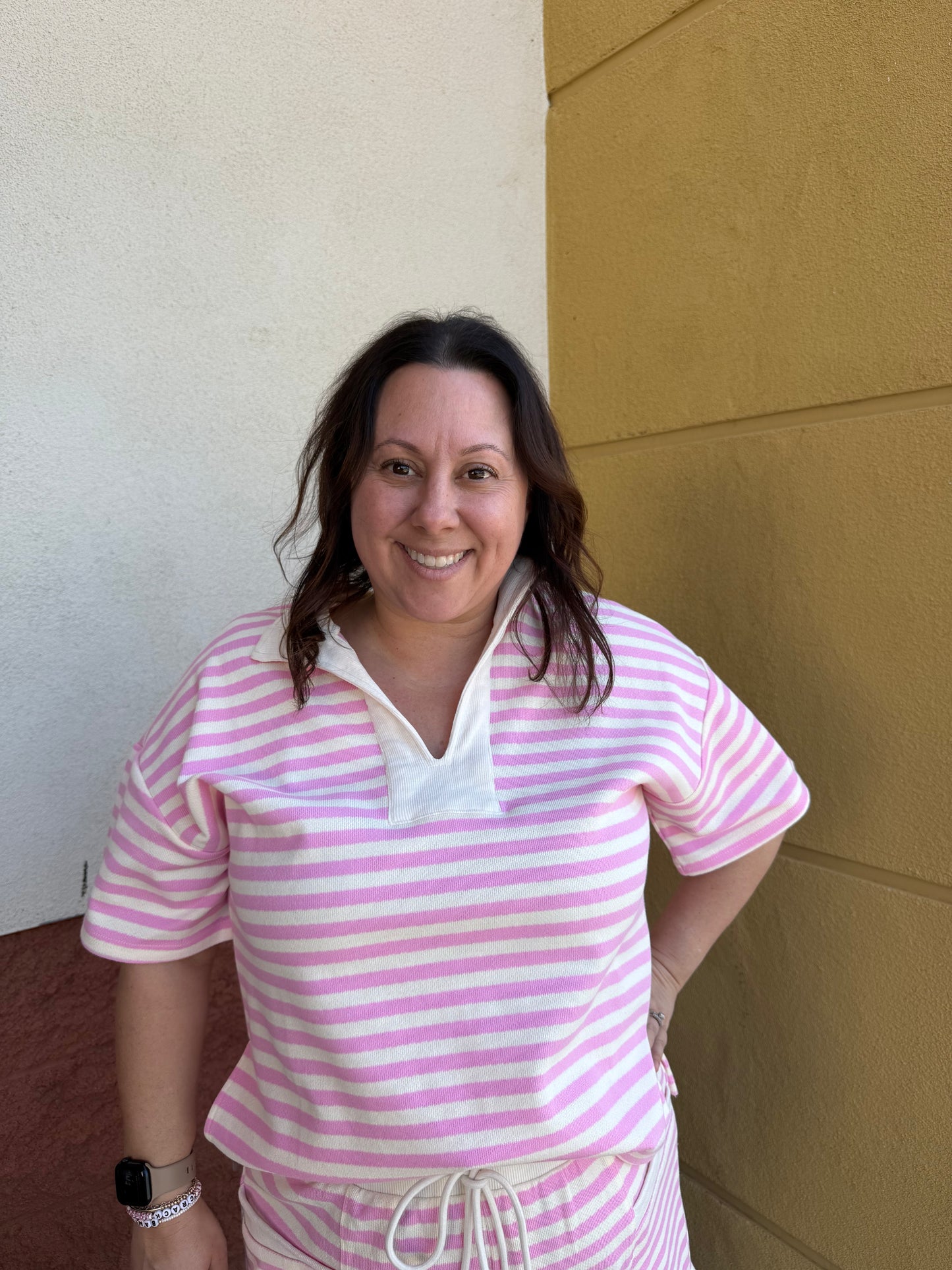 Light Pink V Collar Stripe top