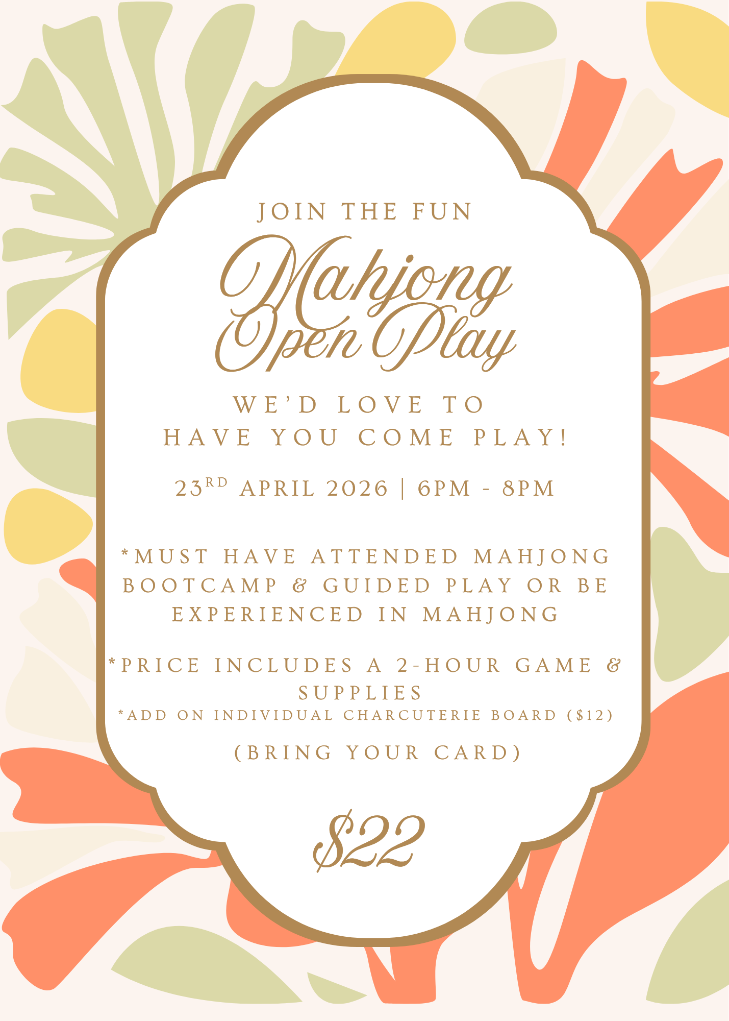 Invitation card for a Mahjong Open Play event with floral border