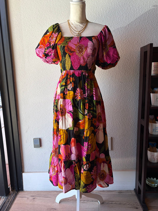 Black Multi Puff Sleeve Ruffle Dress