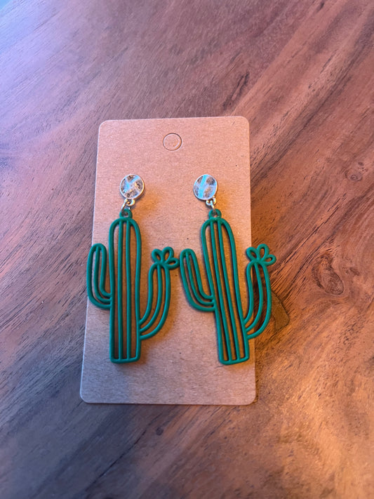 Green Metal Cactus Earrings