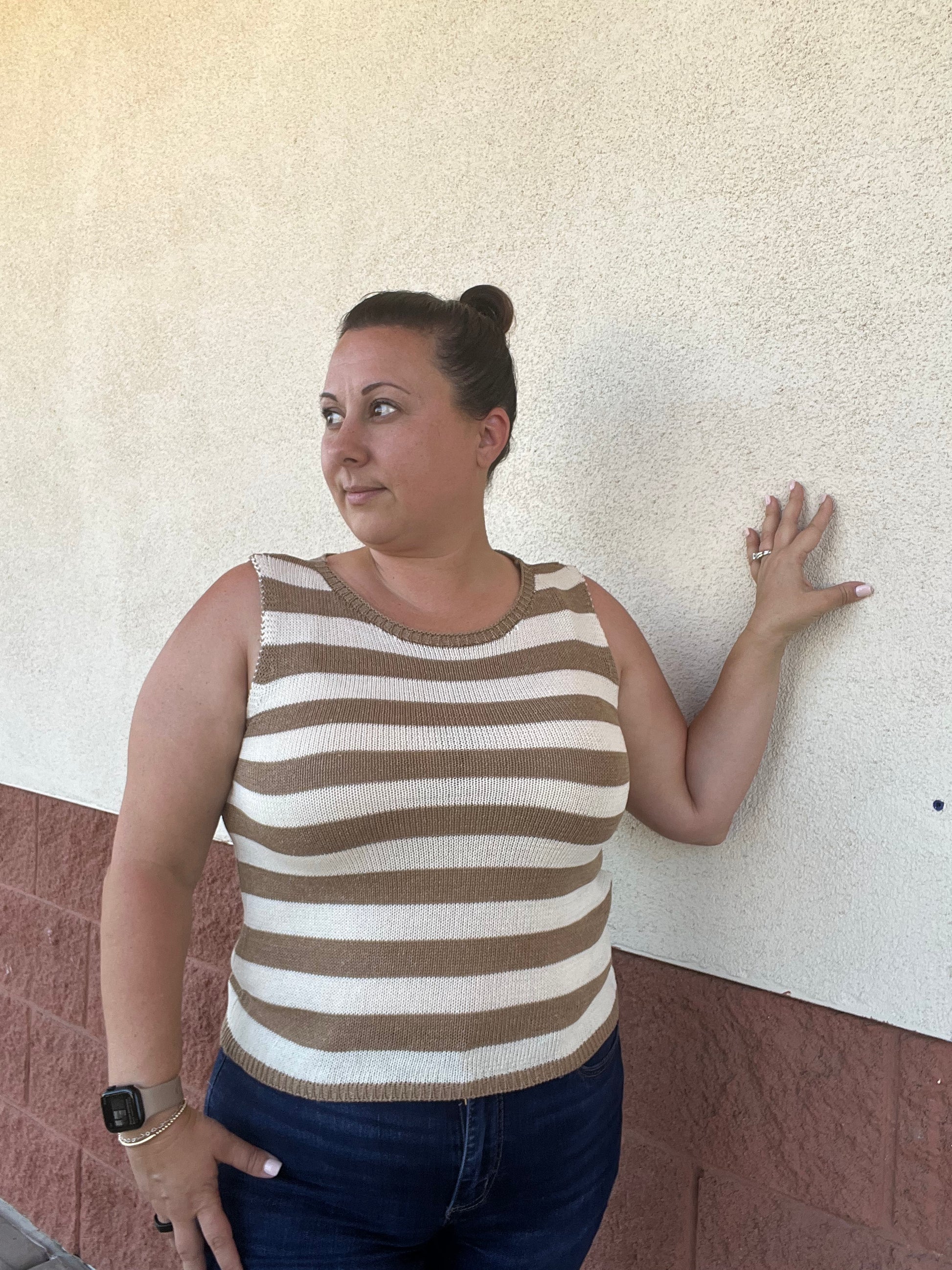 Taupe & white striped sleeveless tank 