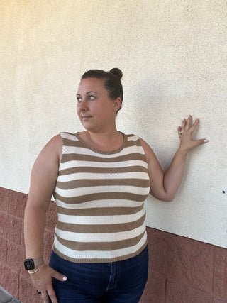 Taupe & white striped sleeveless tank 