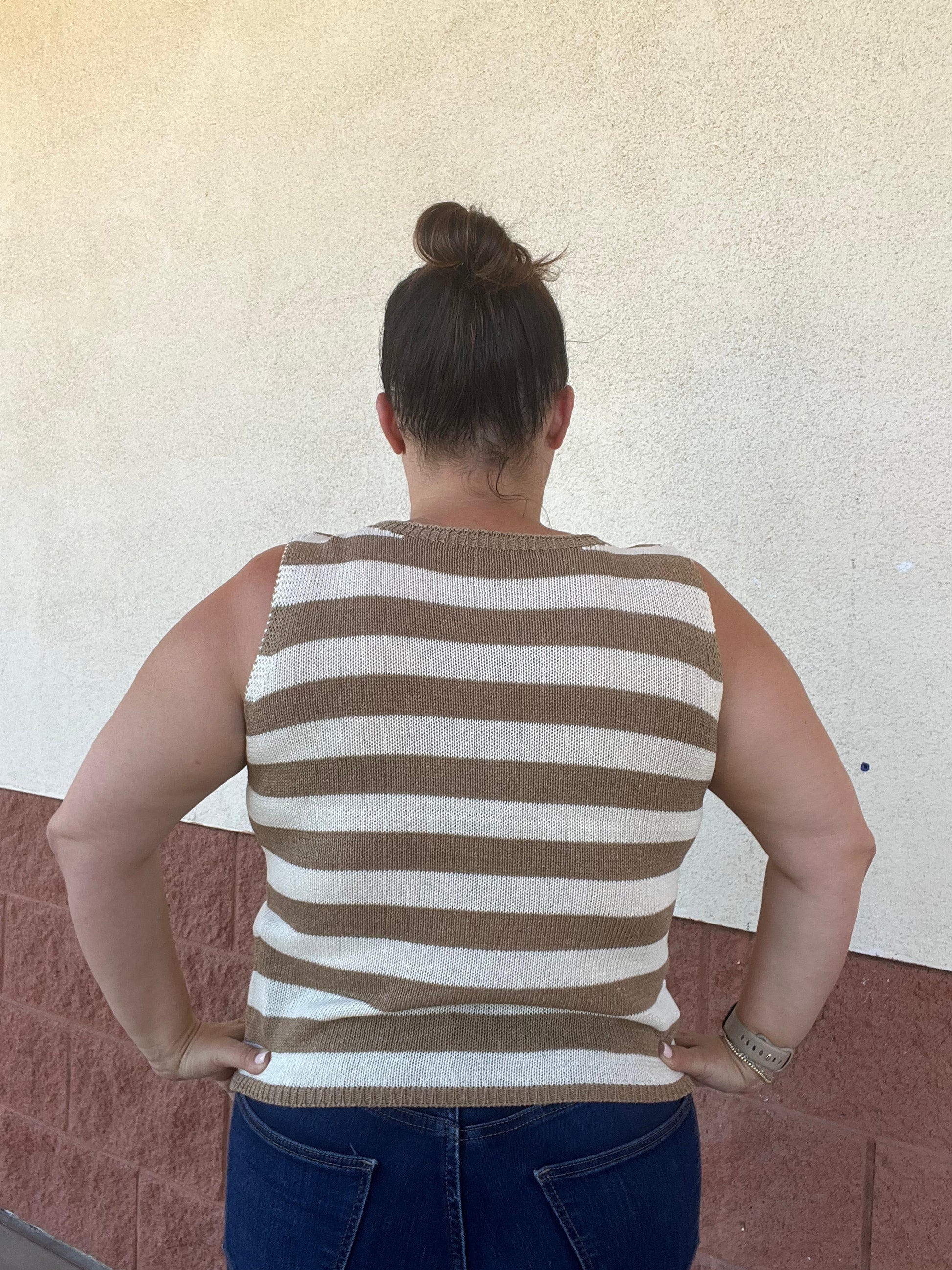 Taupe/Wht Knit Striped Sleeveless Top - 85 Local
