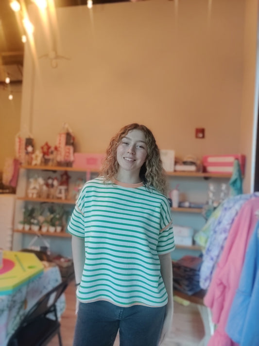 Green peach stripe matching top
