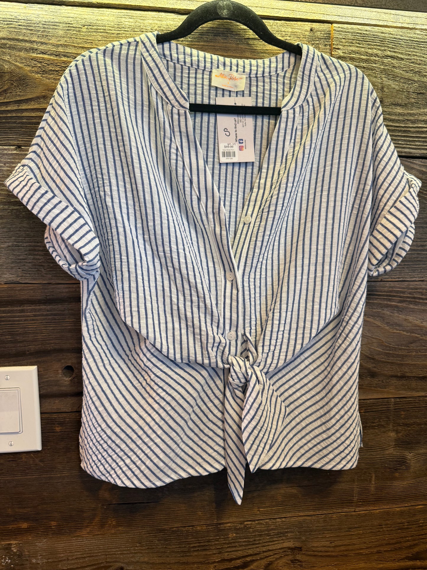 Navy Stripe Front Tie Blouse