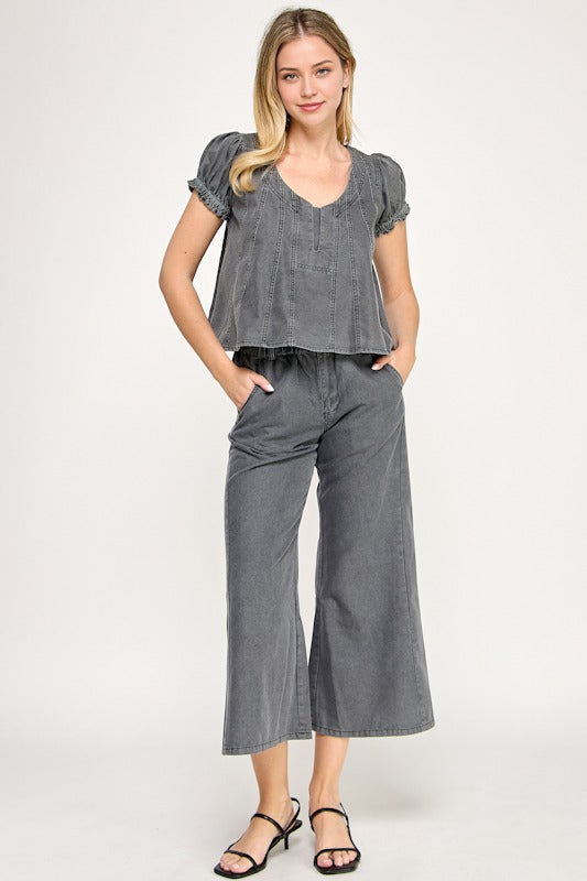 Washed Wide Leg Cropped Pant - Faded Black - 85 Local