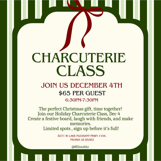 Advertisement for a Charcuterie Class event with a red ribbon on a green and white striped background.