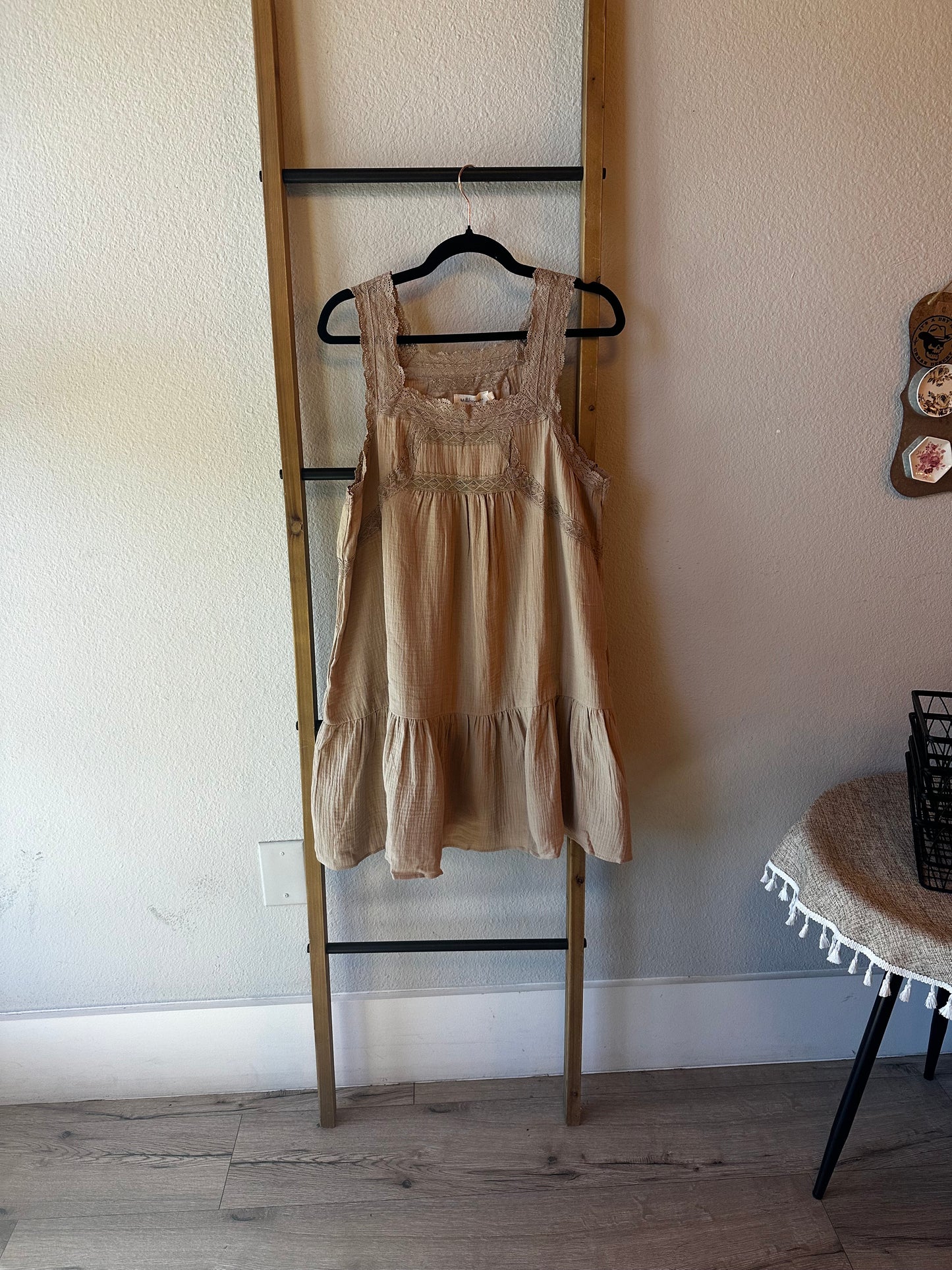 Mini Lace Trim Natural Dress - Tan - 85 Local