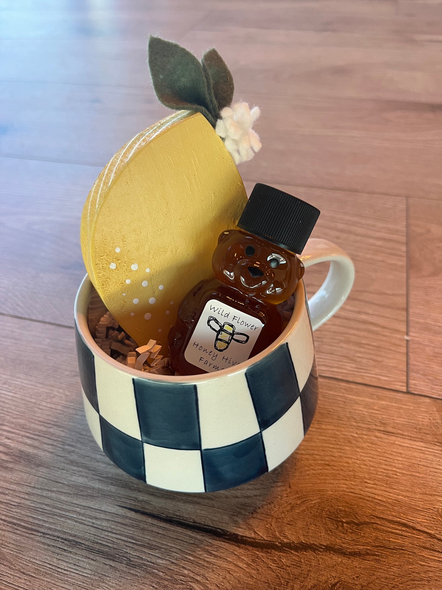 coffee mug, wood lemon, and peoria local honey