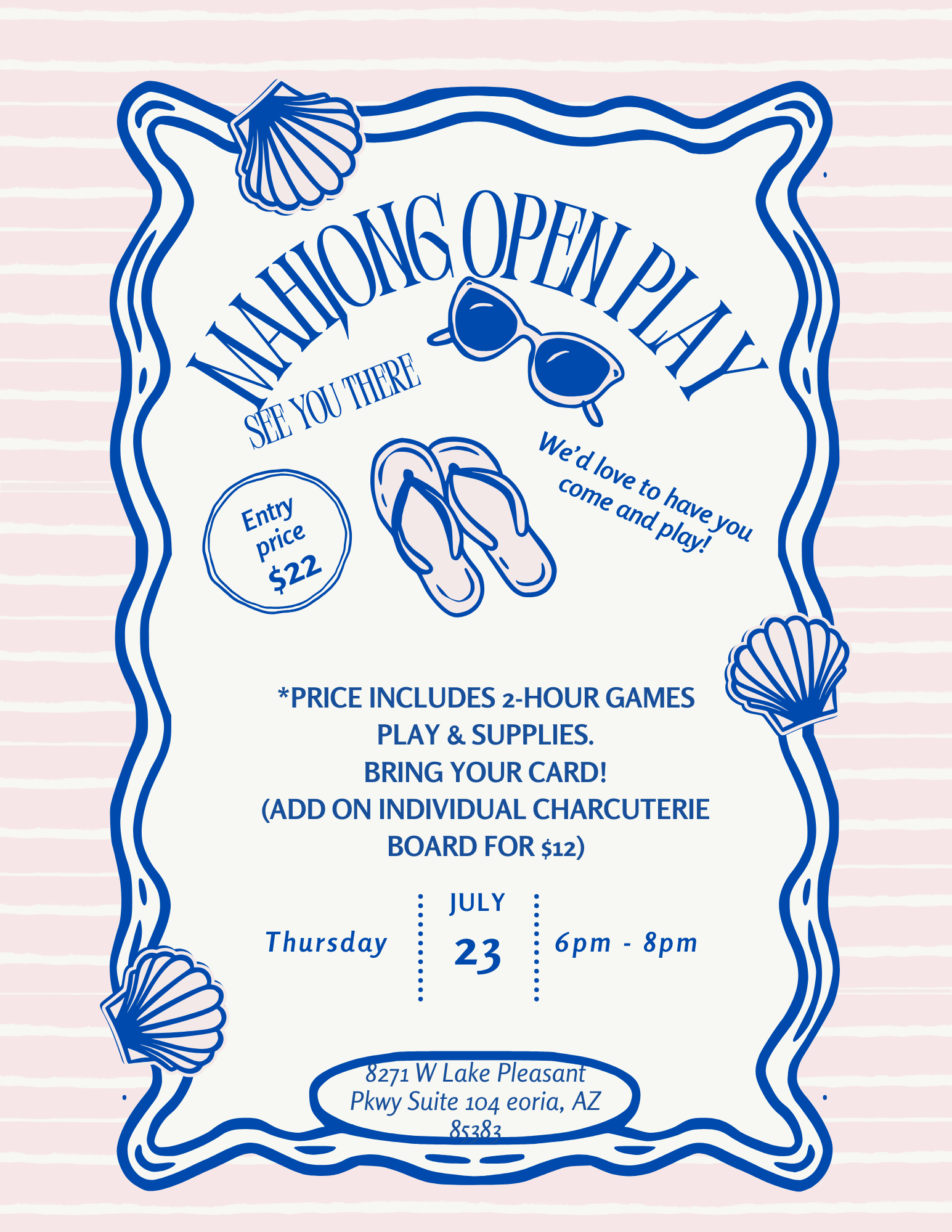 Invitation for a mahjong open play event with beach-themed graphics on a light pink background.