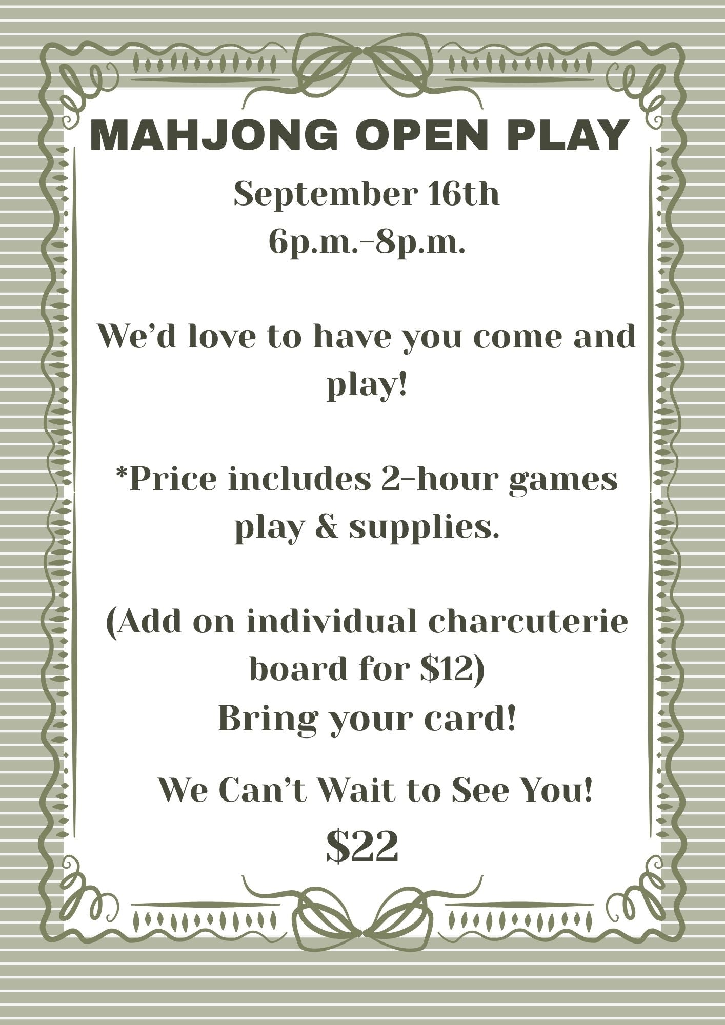 9/16 Mahjong Open Play