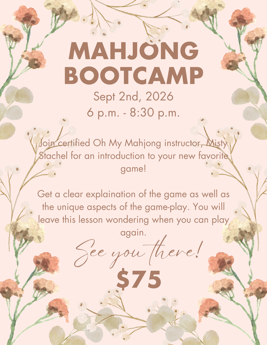 A digital flyer for a Mahjong Bootcamp event. The flyer features a light peach background decorated with watercolor illustrations of dried flowers and green stems.