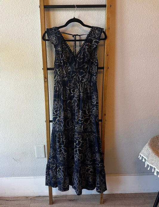 Navy Printed V Neck Midi Dress - 85 Local