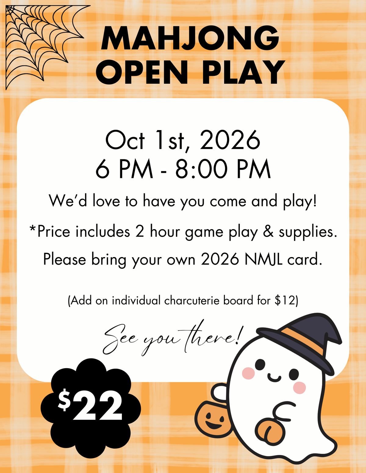 Promotional flyer for a Mahjong Open Play event on October 1st, 2026, from 6 PM to 8:00 PM. The flyer features a Halloween theme with an orange and white plaid background, a spiderweb graphic in the top-left corner, and a cute cartoon ghost holding a pumpkin in the bottom-right corner.