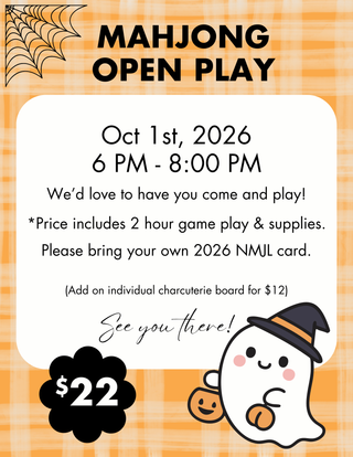 Promotional flyer for a Mahjong Open Play event on October 1st, 2026, from 6 PM to 8:00 PM. The flyer features a Halloween theme with an orange and white plaid background, a spiderweb graphic in the top-left corner, and a cute cartoon ghost holding a pumpkin in the bottom-right corner.