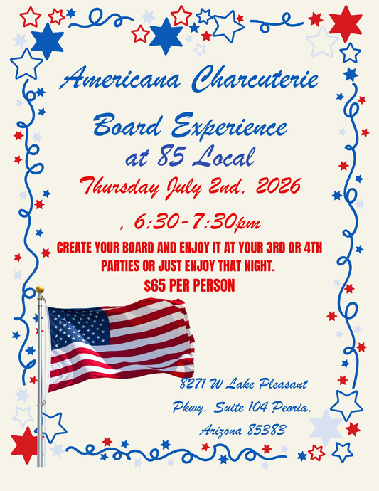 Promotional flyer for Americana Charcuterie Board Experience with American flag and decorative border.