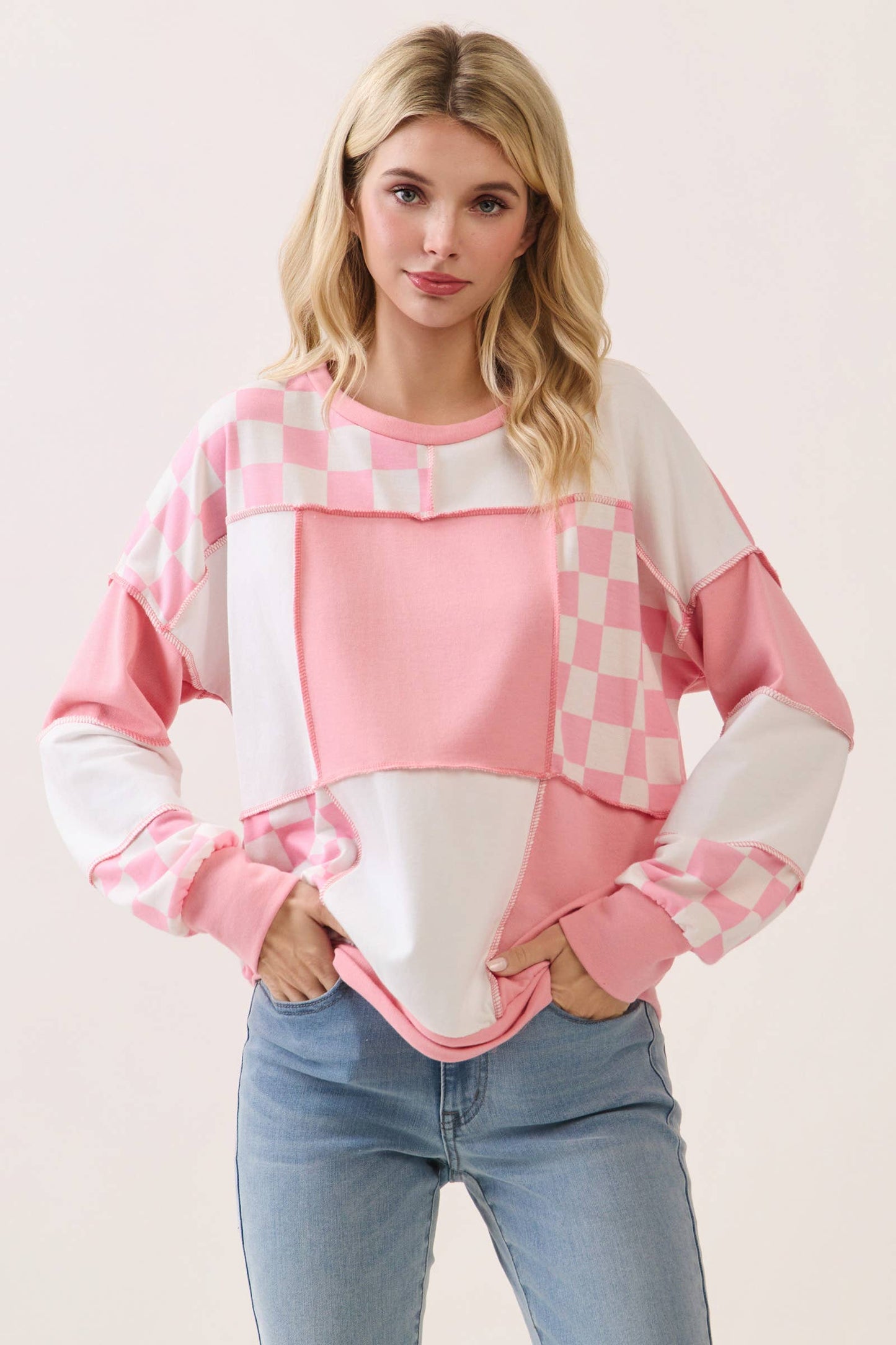 Checkered Print Patchwork pullover top