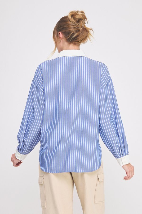 Navy Stripe Button Up Long Sleeve