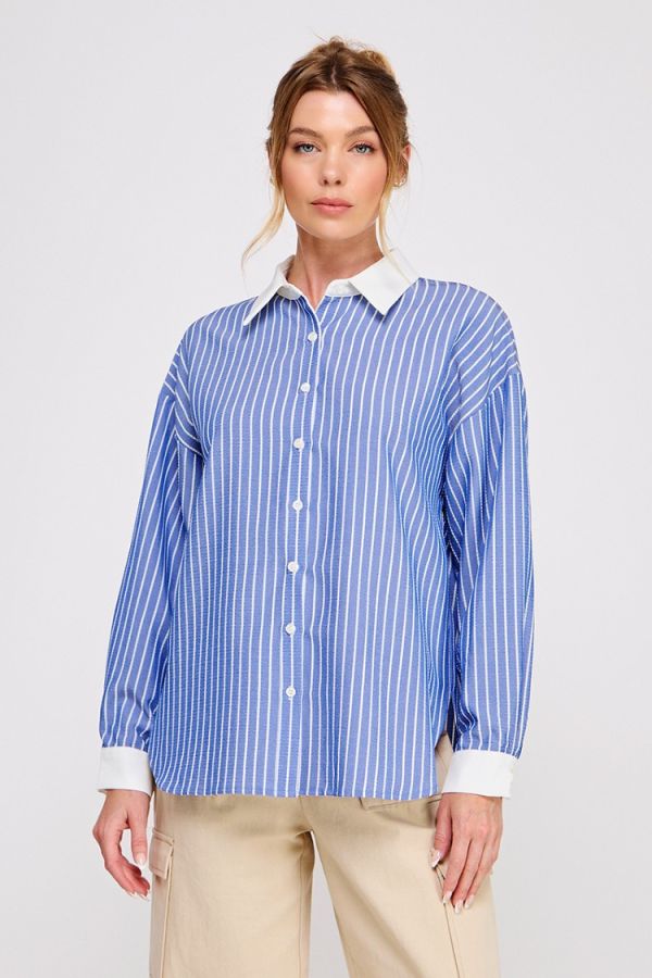button up navy striped womens top