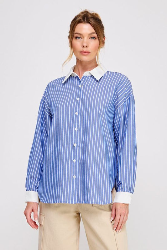 button up navy striped womens top
