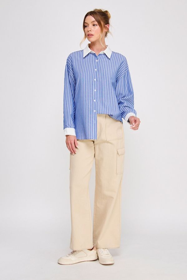 Navy Stripe Button Up Long Sleeve