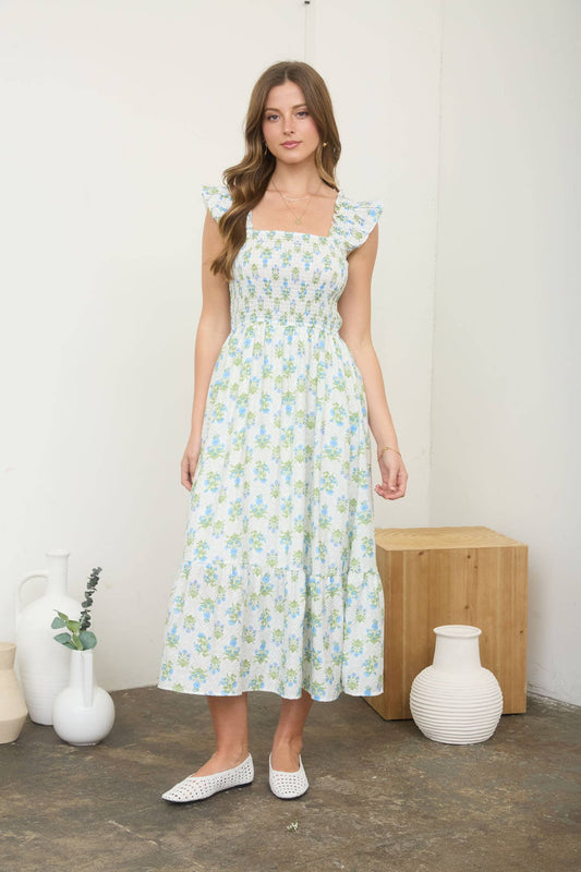 Floral Tile Pattern Smocked Sleeveless Midi Dress