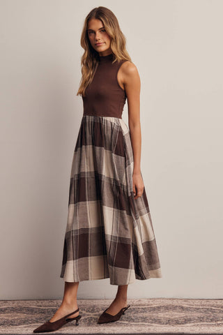 Mock Neck Mixed Media Plaid Midi Dress FD0068