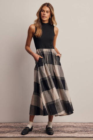 Mock Neck Mixed Media Plaid Midi Dress FD0068
