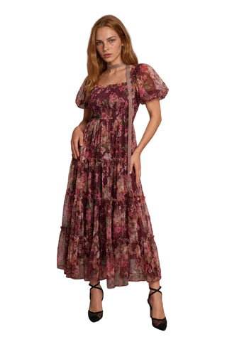 Floral Dot Puff Midi Dress
