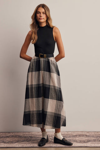 Mock Neck Mixed Media Plaid Midi Dress FD0068