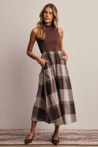 Mock Neck Mixed Media Plaid Midi Dress FD0068