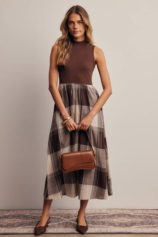 Mock Neck Mixed Media Plaid Midi Dress FD0068