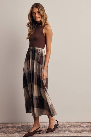 Mock Neck Mixed Media Plaid Midi Dress FD0068